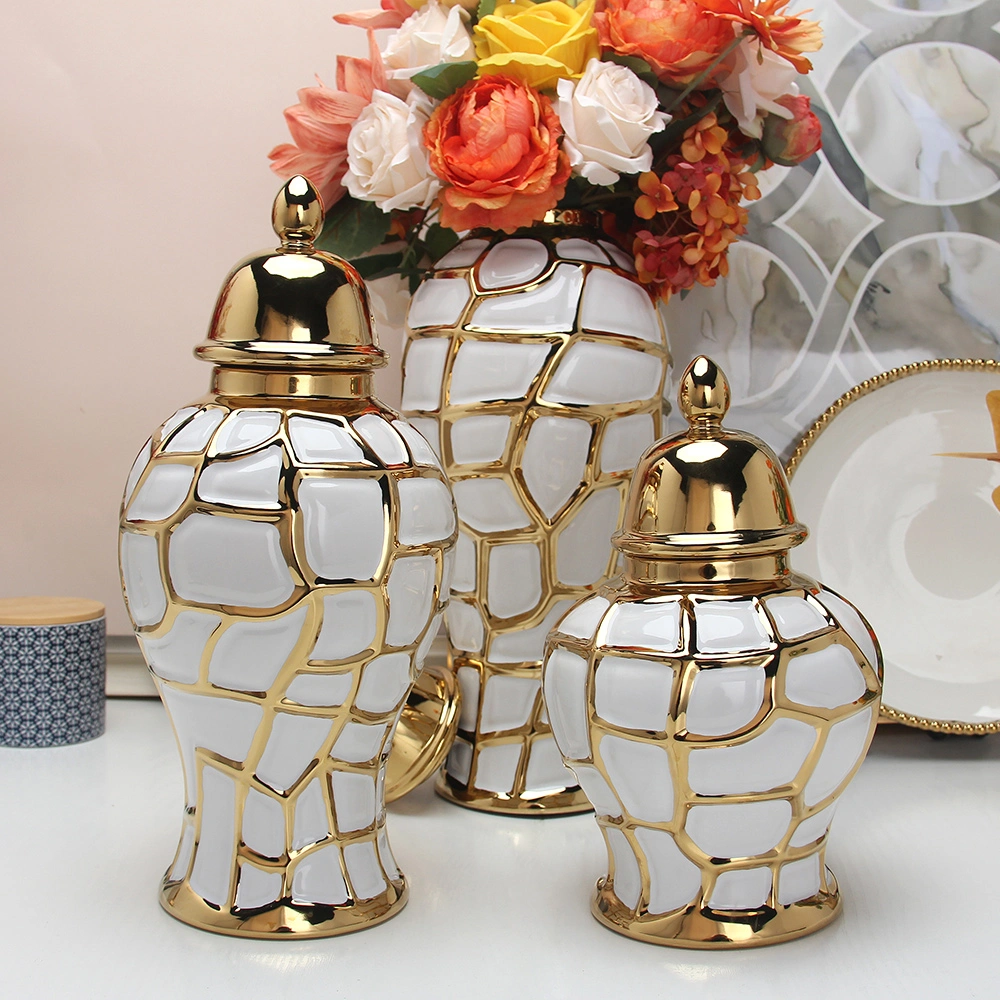 J198 Hot Sale New Design Floor Ceramic Flower Vase Gold and White Ginger Jar with Lid