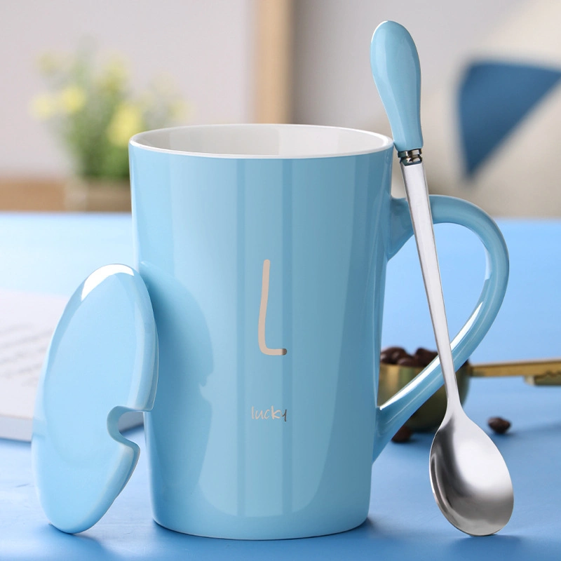 Hot Selling Alphabet Ceramic Mug Set with Lid Spoon Drinking Cup Couples Household Tea Cup