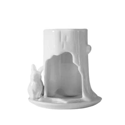 Bougeoir en céramique blanche, support de bougie chauffe-plat en forme de lapin en relief, ornement